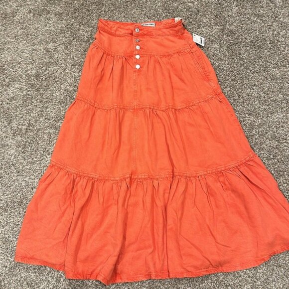 Free People We The Free Denim Dreamweaver Tiered Maxi Skirt Fire Orange - Picture 4 of 8